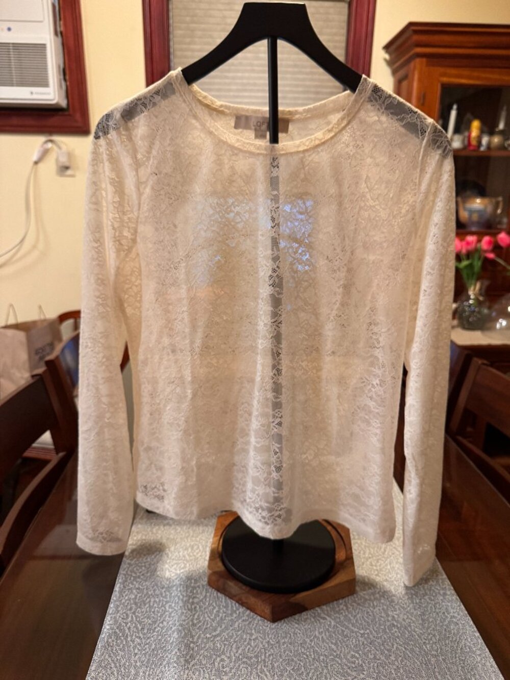 LOFT Cream Floral Lace Long Sleeve Top - Size L